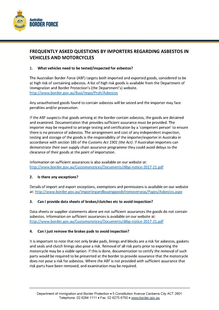 Page 1 of questions frequently asked by importers of cars with asbestos to Australia.