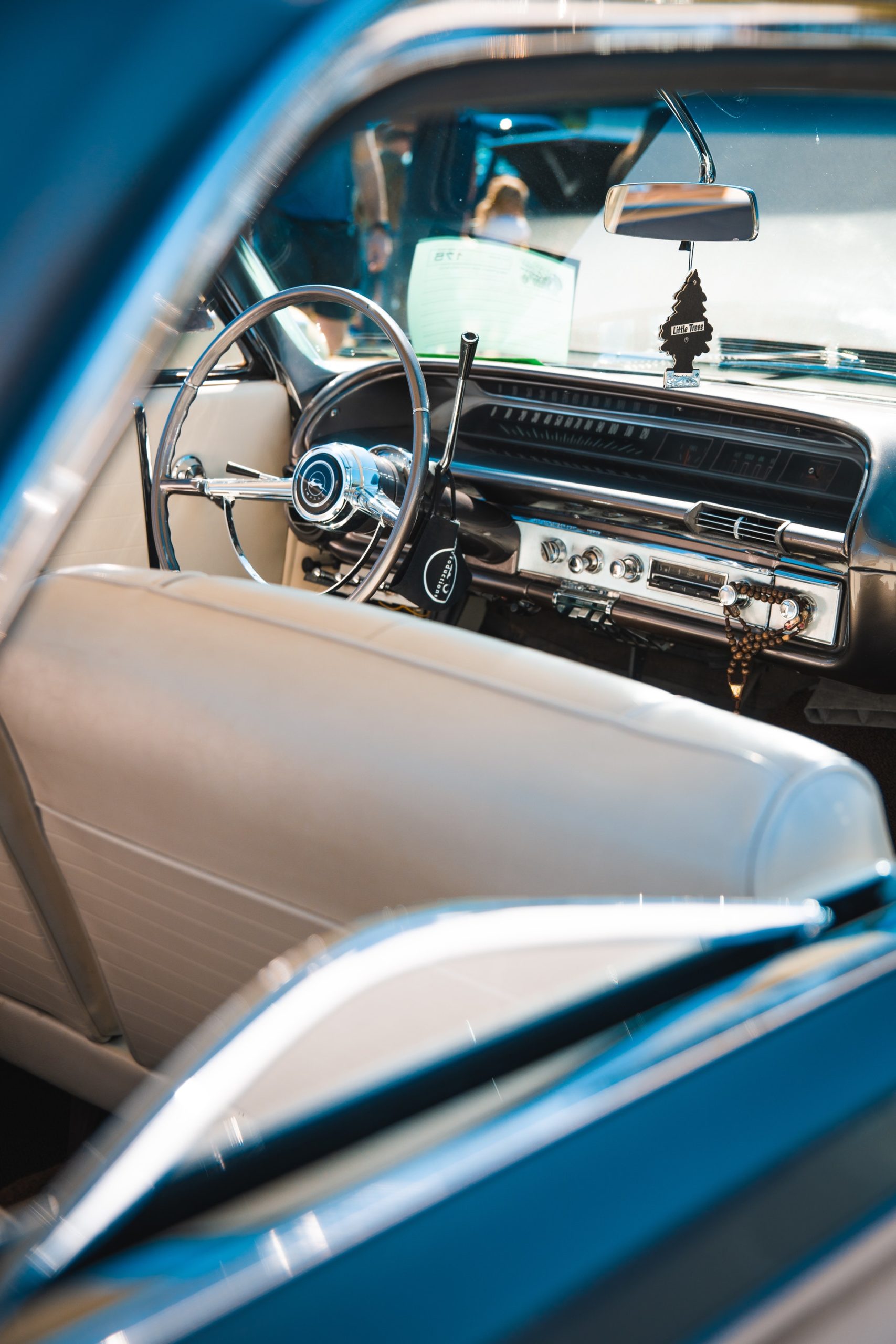 Beige and chrome interior of a classic car