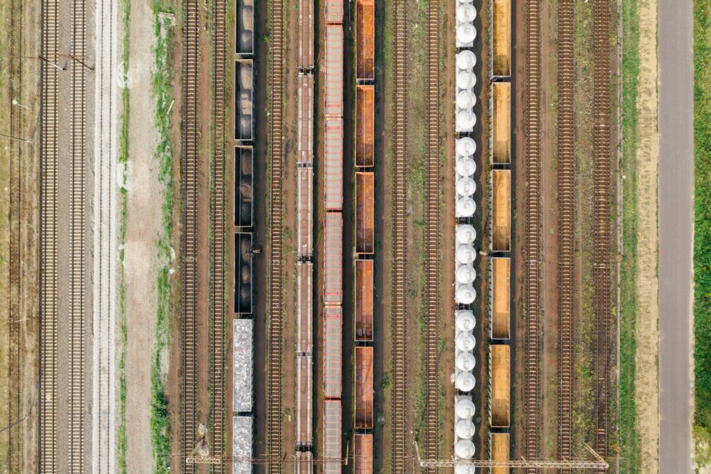 an aerial view of cargo trains