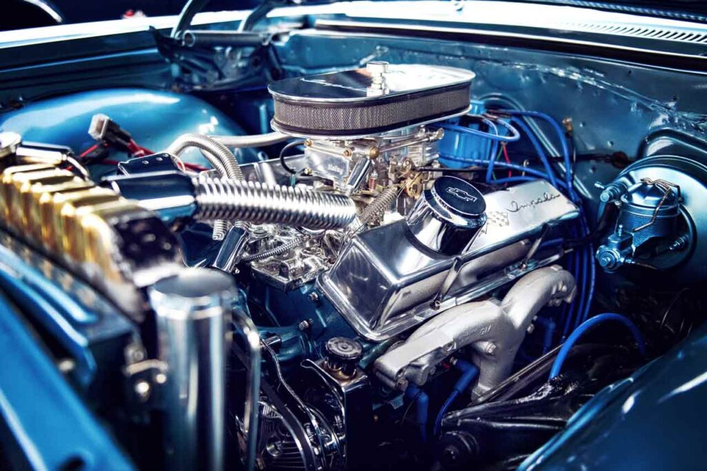 Close-up view of a classic car’s engine