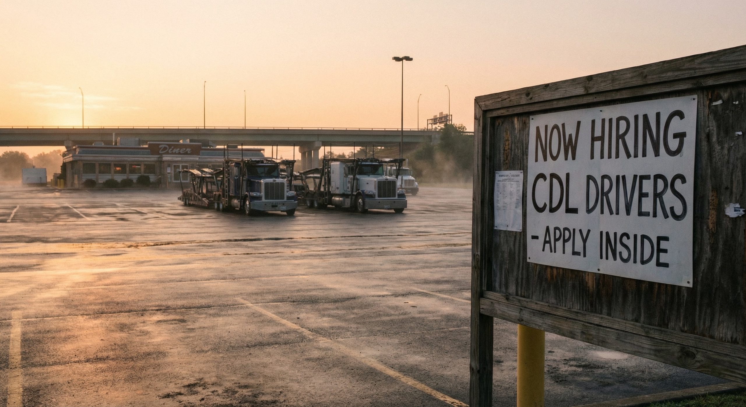 Truck stop with parked car carriers