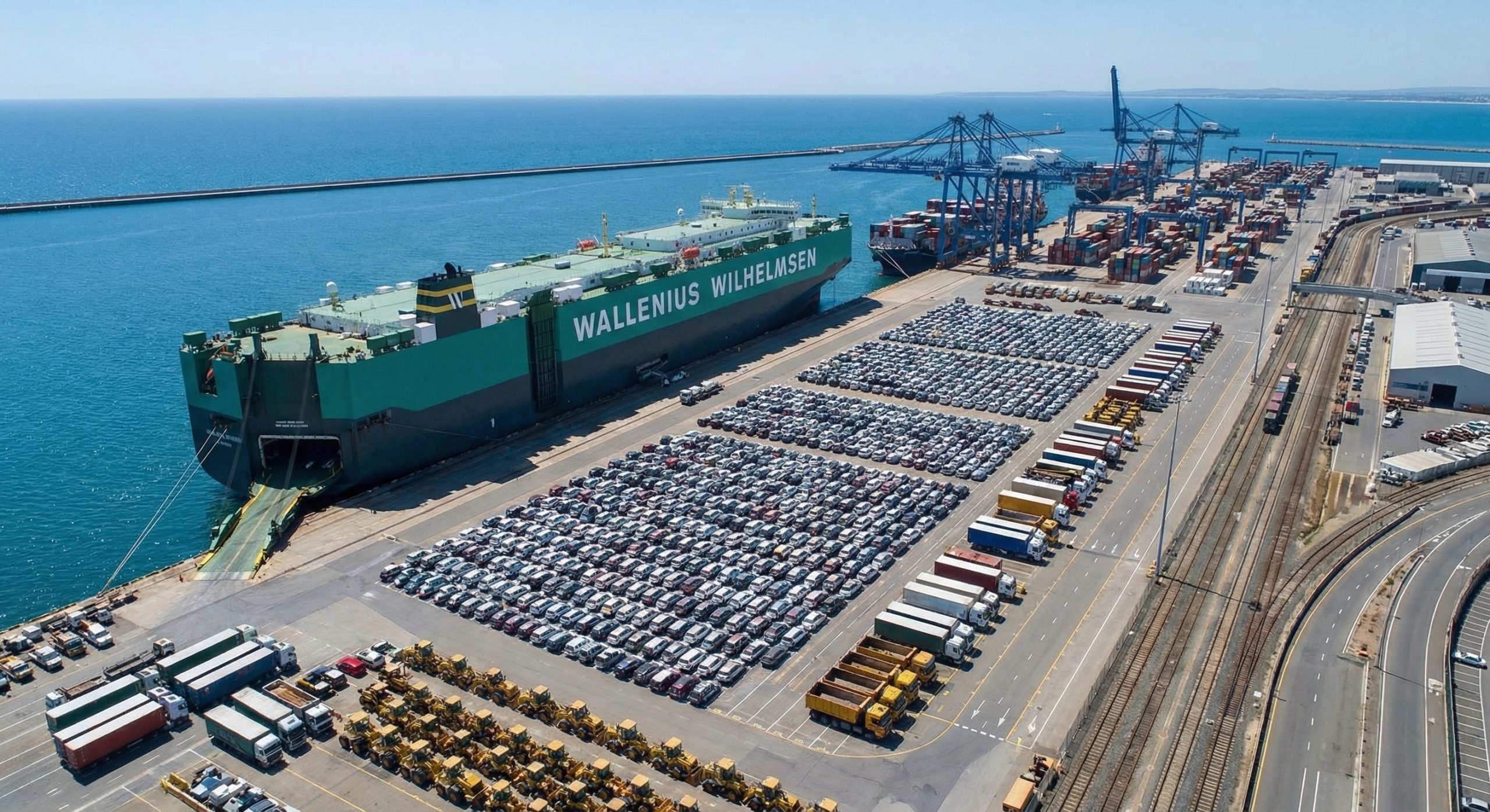 Vehicles lined up at port for RoRo vessel loading