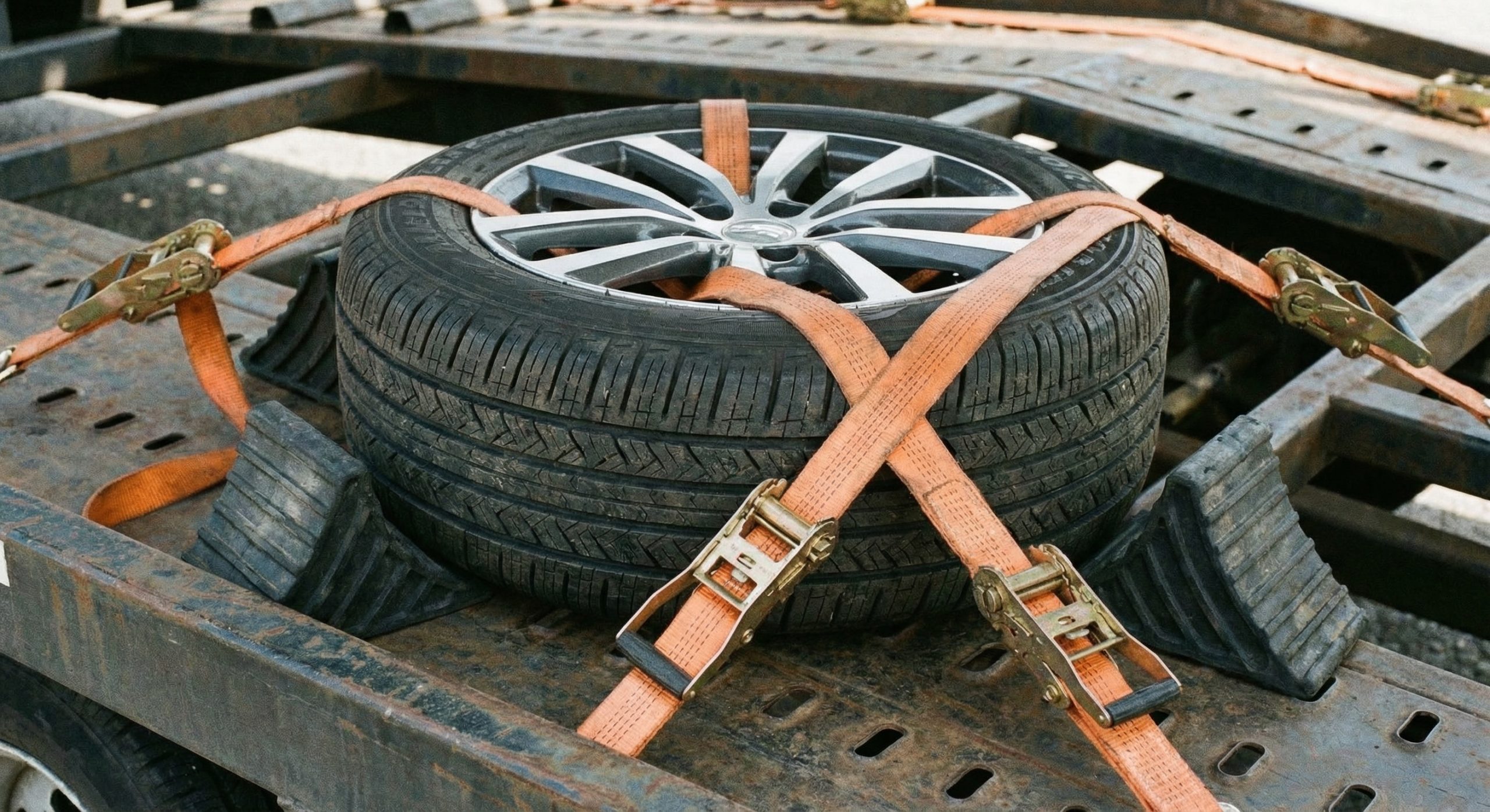 Vehicle secured with straps on auto transport carrier