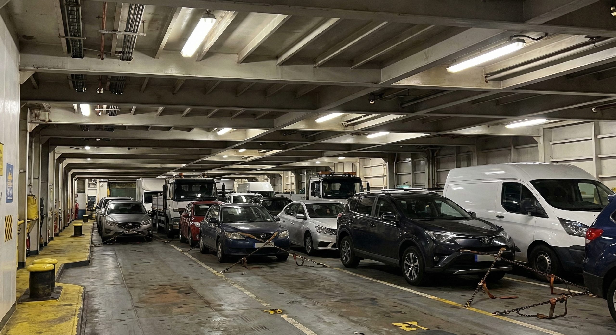Interior of RoRo vessel car deck with vehicles