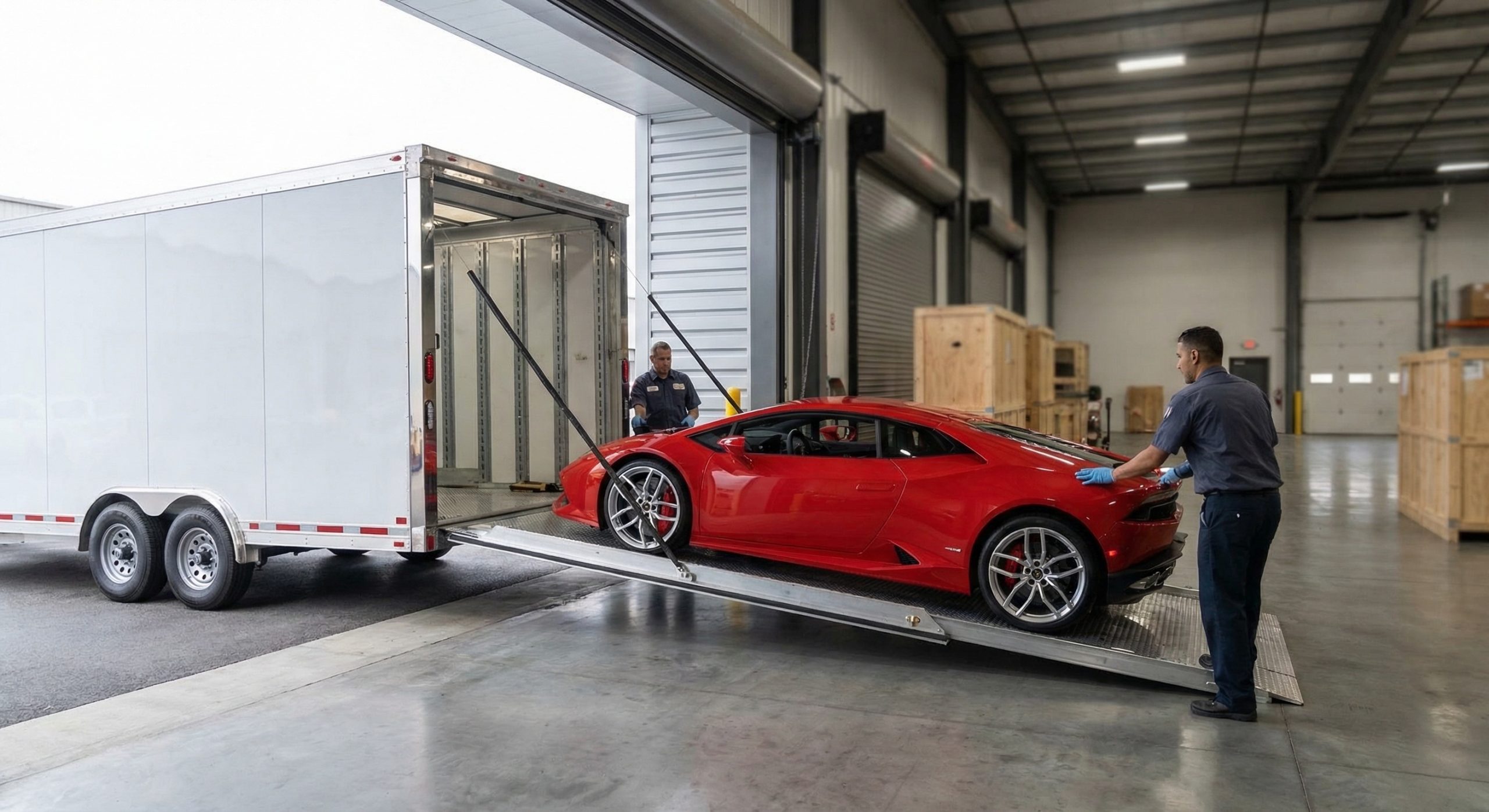 Luxury car being loaded into enclosed transport trailer