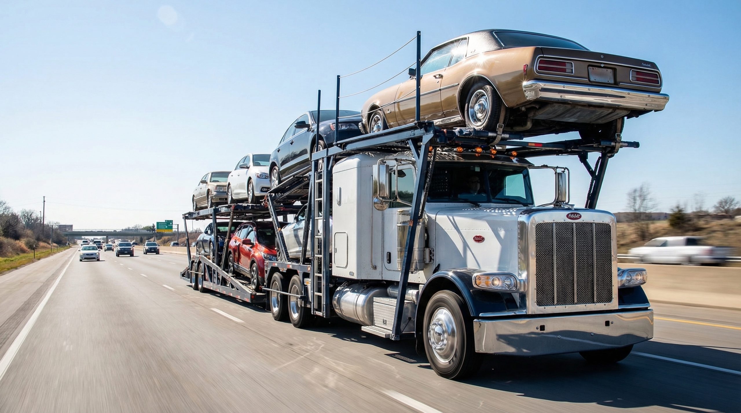 Open car carrier truck loaded with vehicles on highway