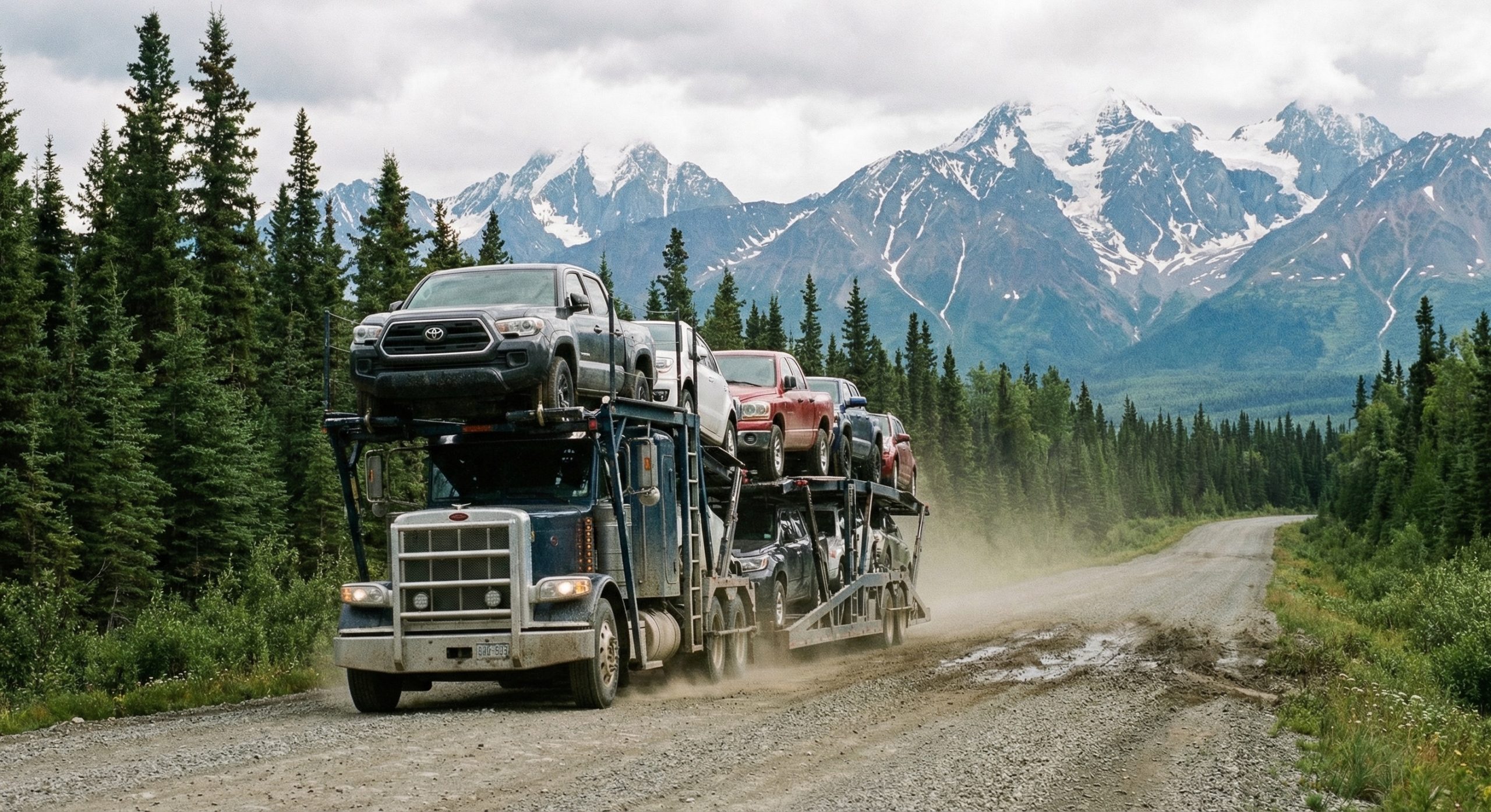 Car carrier truck on the Alaska Highway with mountains