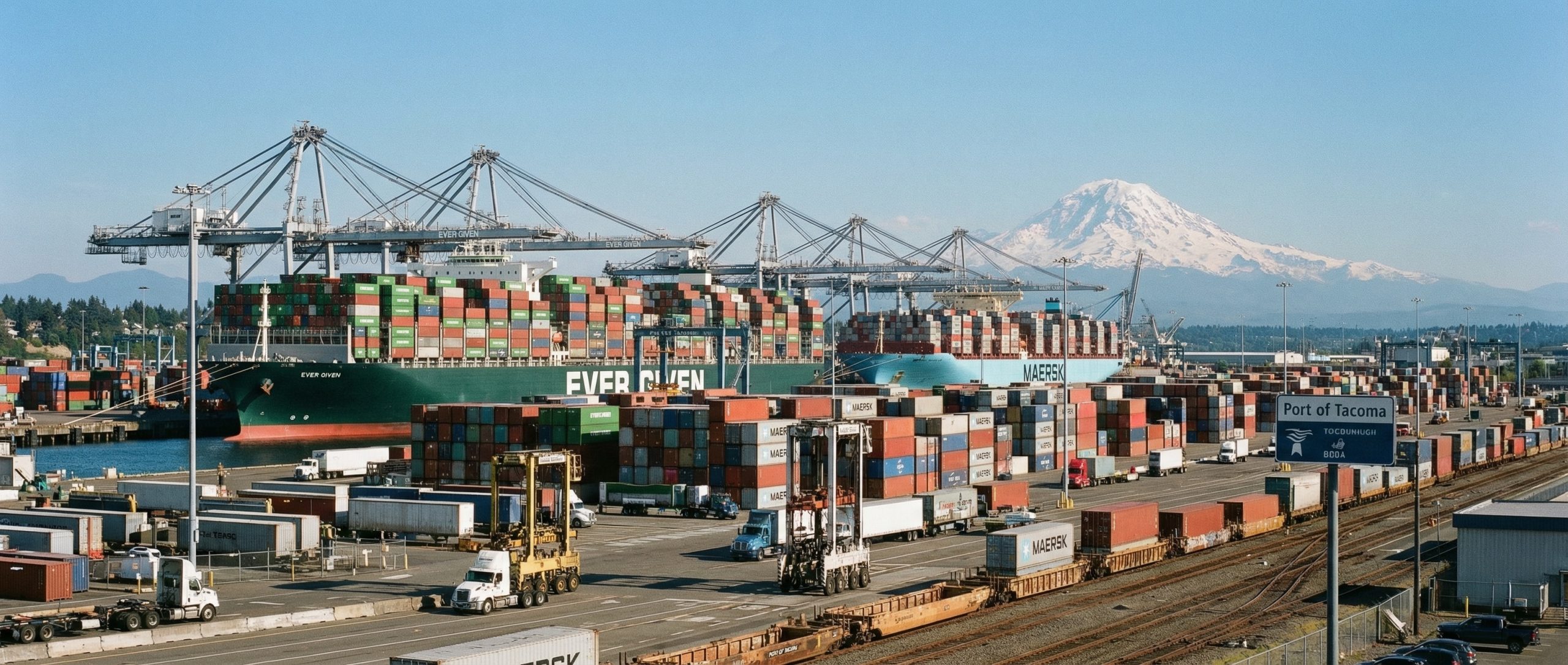 Port of Tacoma terminal with cargo ships and vehicles