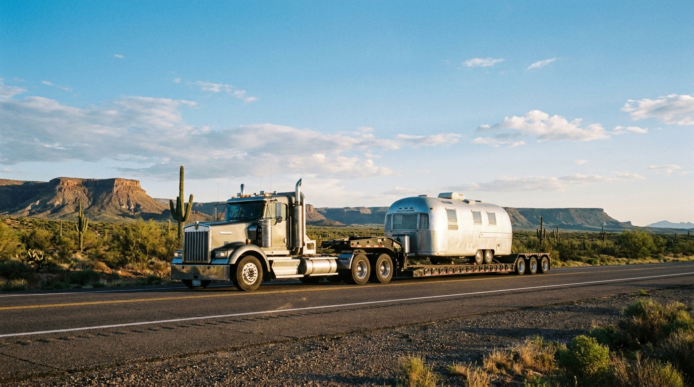 RV being transported on a flatbed across US highway
