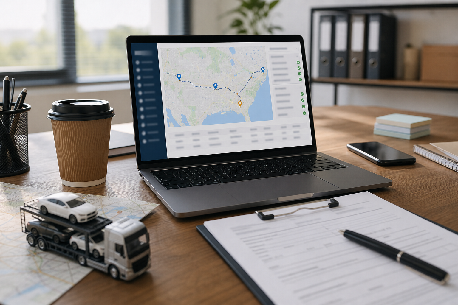 Auto transport dispatcher reviewing route demand and carrier acceptance for vehicle shipment