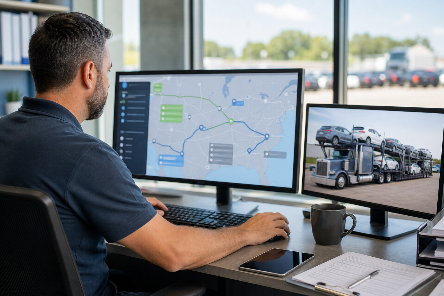 Auto transport dispatcher reviewing routes capacity and pickup windows