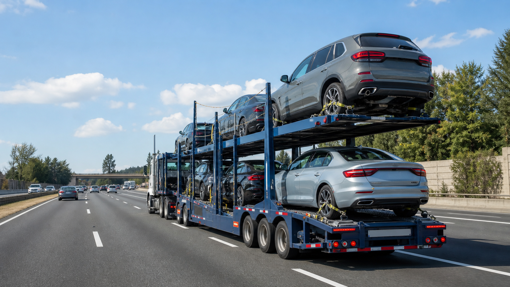 Auto transport carrier on highway representing safe compliant car shipping