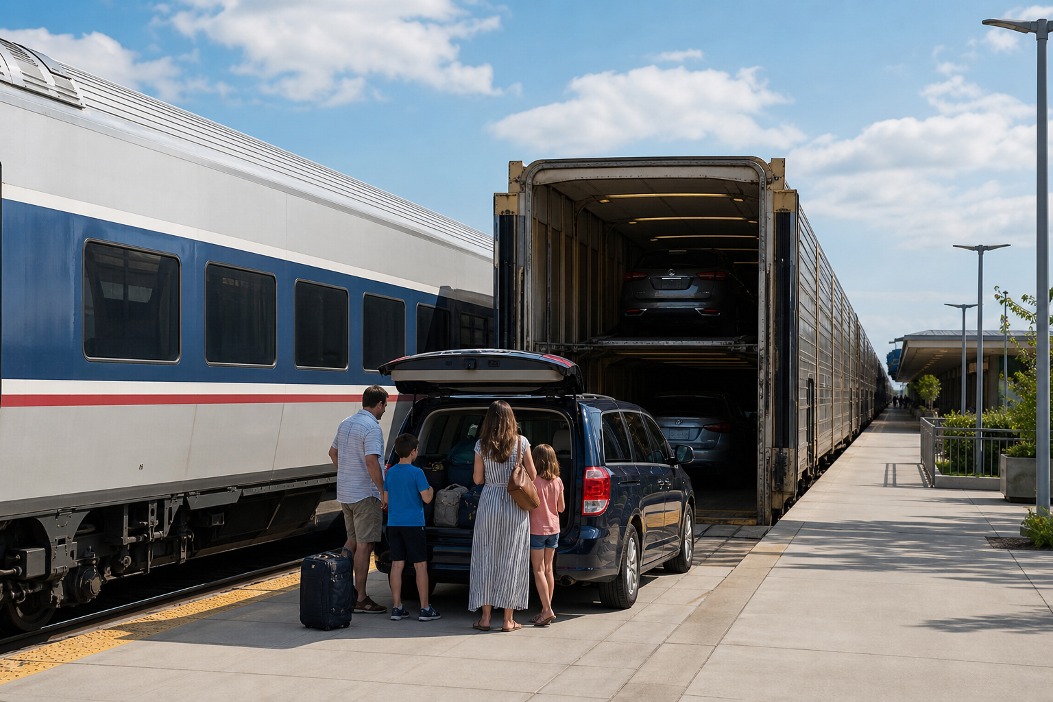 Auto Train style rail service with vehicle carriers for a Virginia to Florida trip