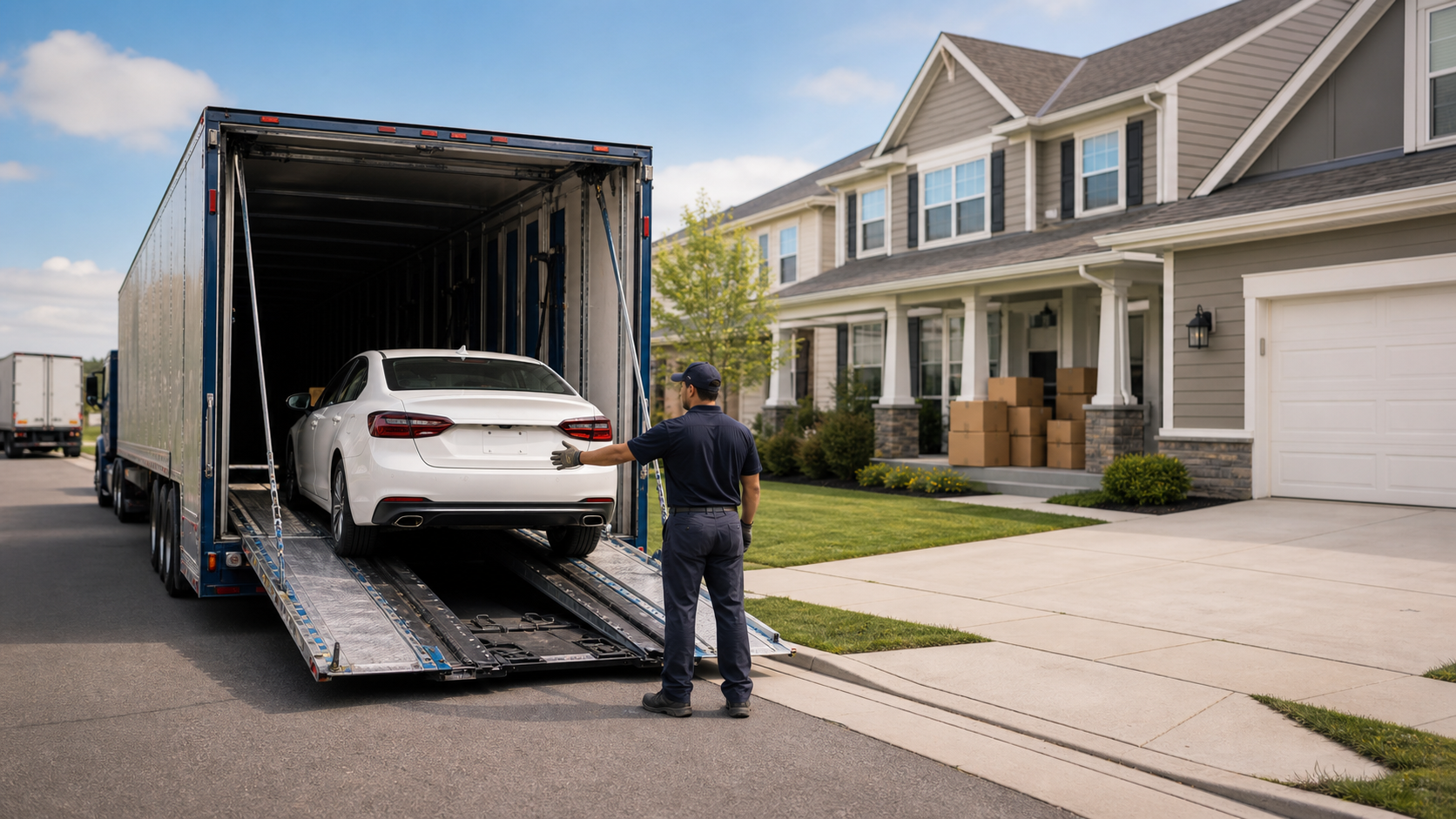 Door to door auto transport carrier delivering a vehicle at a home during relocation