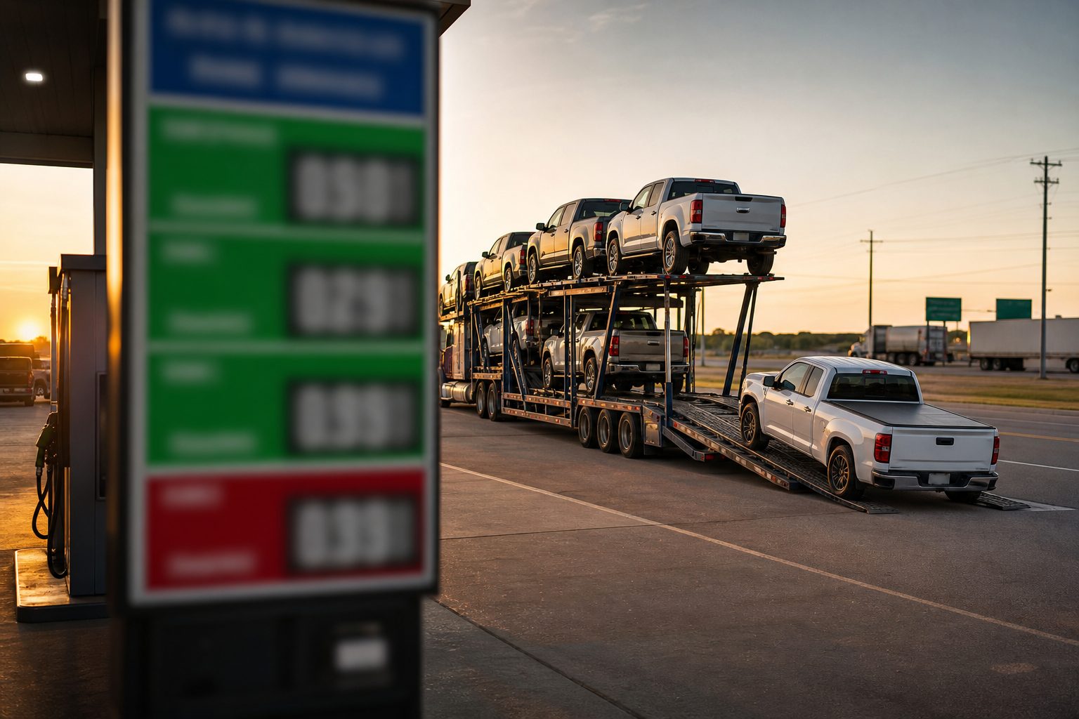 Diesel fuel price board with auto transport carrier loading pickup trucks