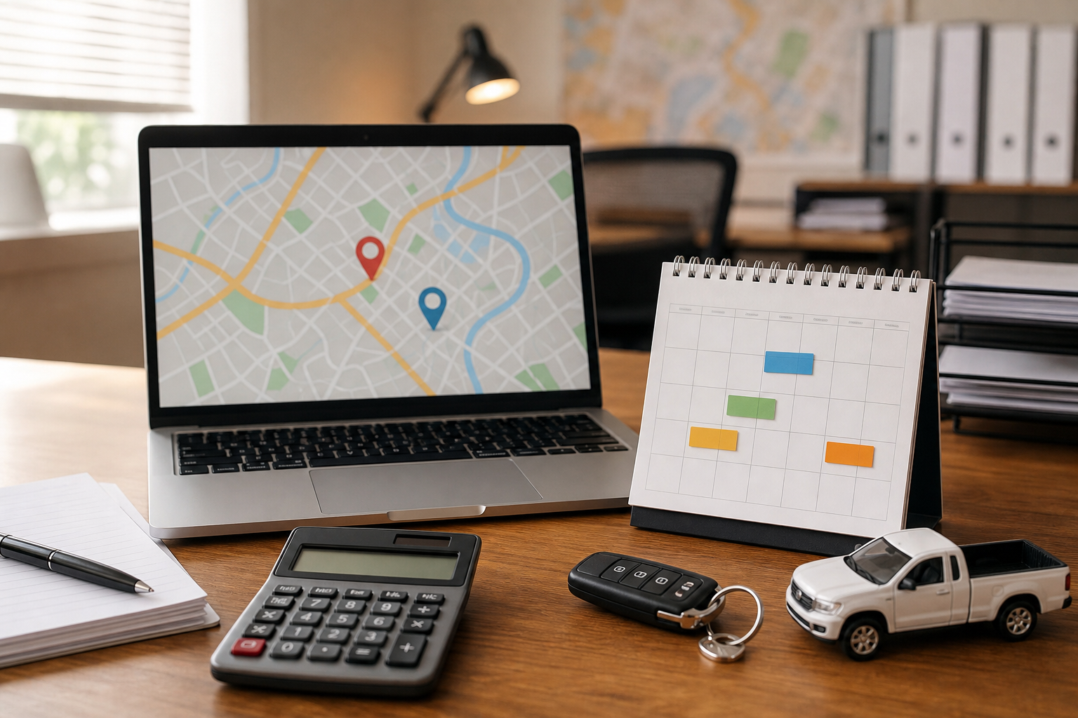 Auto transport dispatcher planning pickup windows around route map and fuel costs