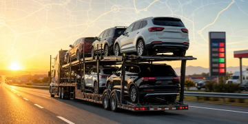 Auto transport carrier on highway illustrating diesel price pressure on car shipping quotes