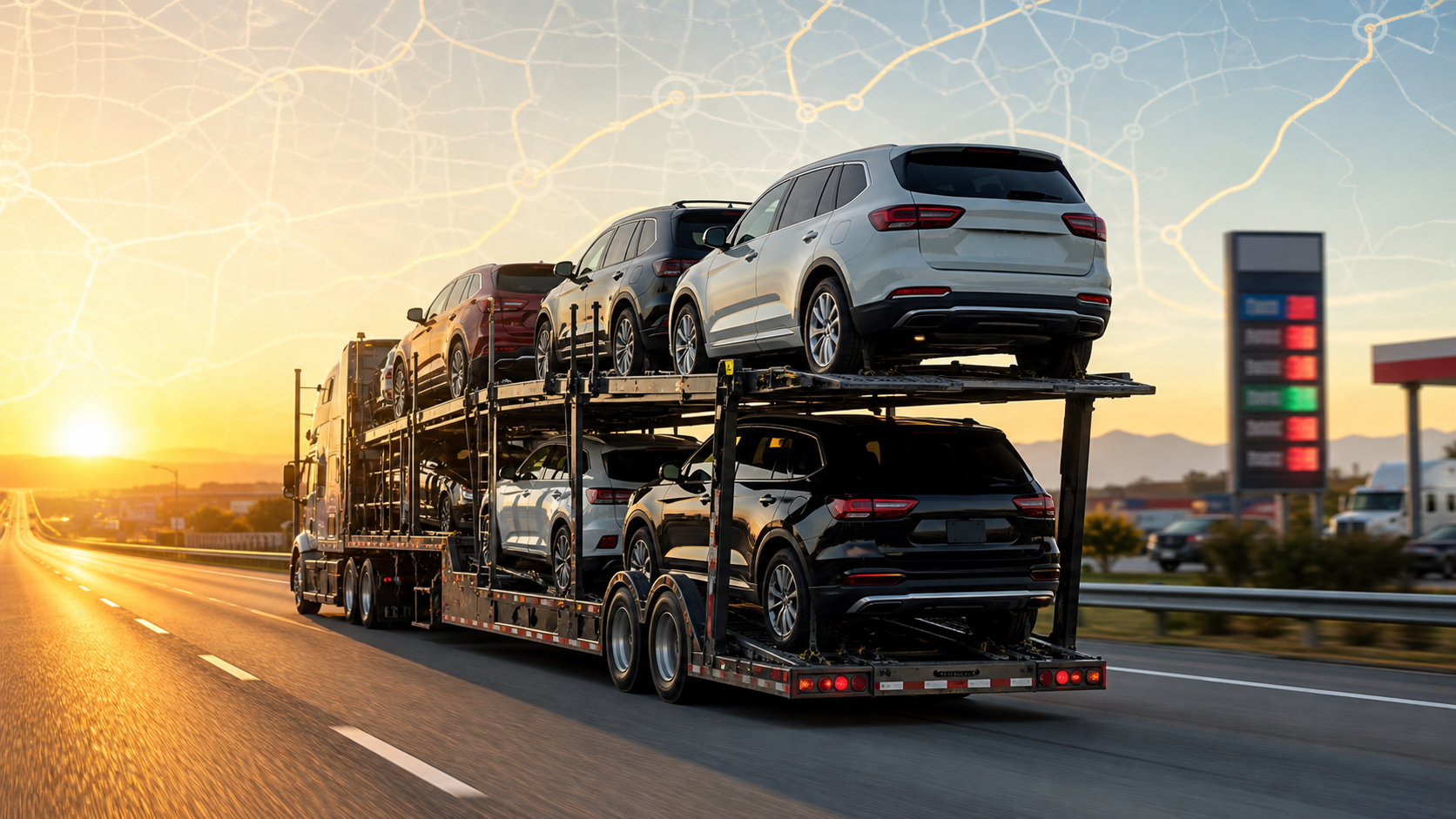 Auto transport carrier on highway illustrating diesel price pressure on car shipping quotes