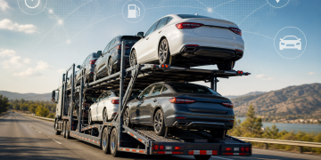 Open auto transport carrier on highway illustrating total car shipping cost factors