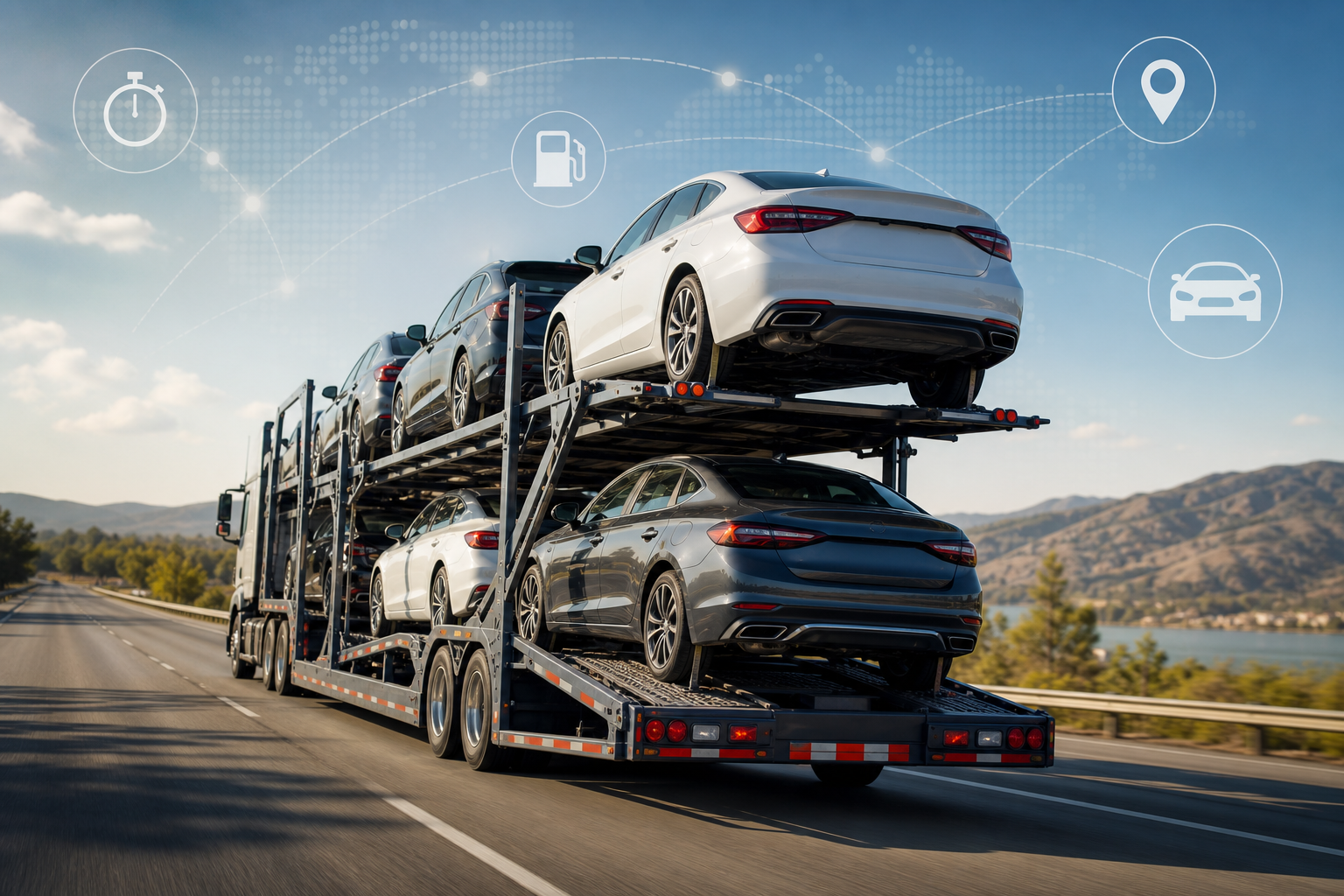 Open auto transport carrier on highway illustrating total car shipping cost factors