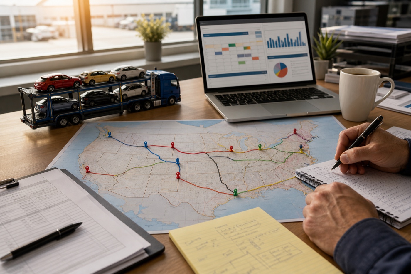 Auto transport dispatcher planning carrier availability around route map