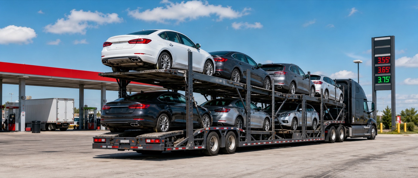 Open auto transport carrier near diesel price sign during summer demand