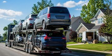 Open auto transport carrier loaded with vehicles during summer peak moving season