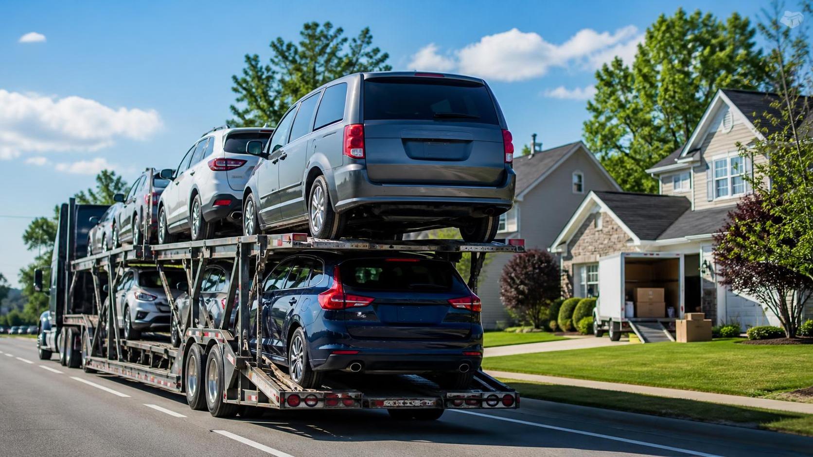 Open auto transport carrier loaded with vehicles during summer peak moving season