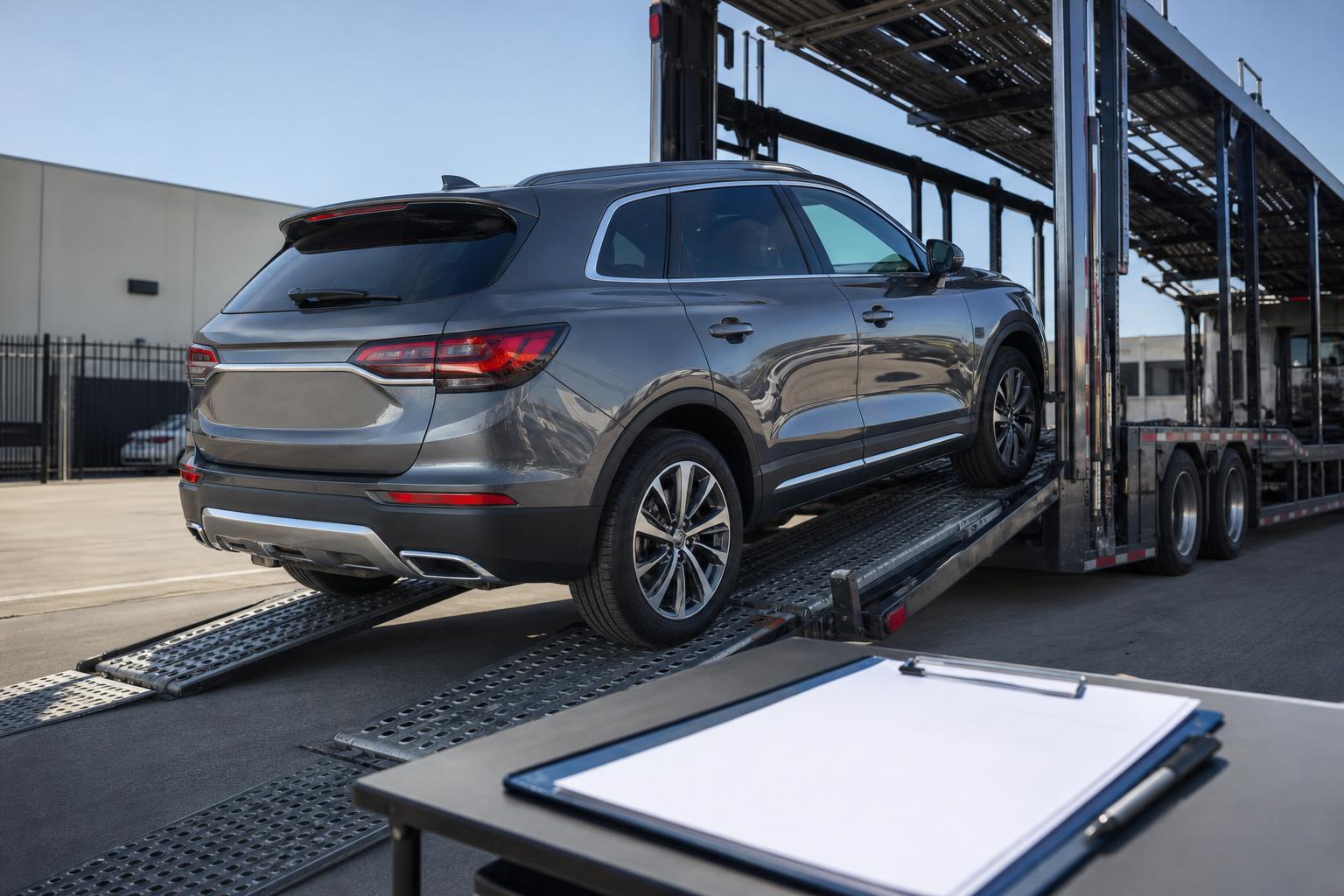 Online vehicle purchase being loaded onto an open auto transport carrier