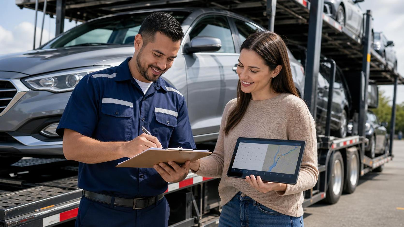 Customer and carrier reviewing bill of lading before auto transport delivery